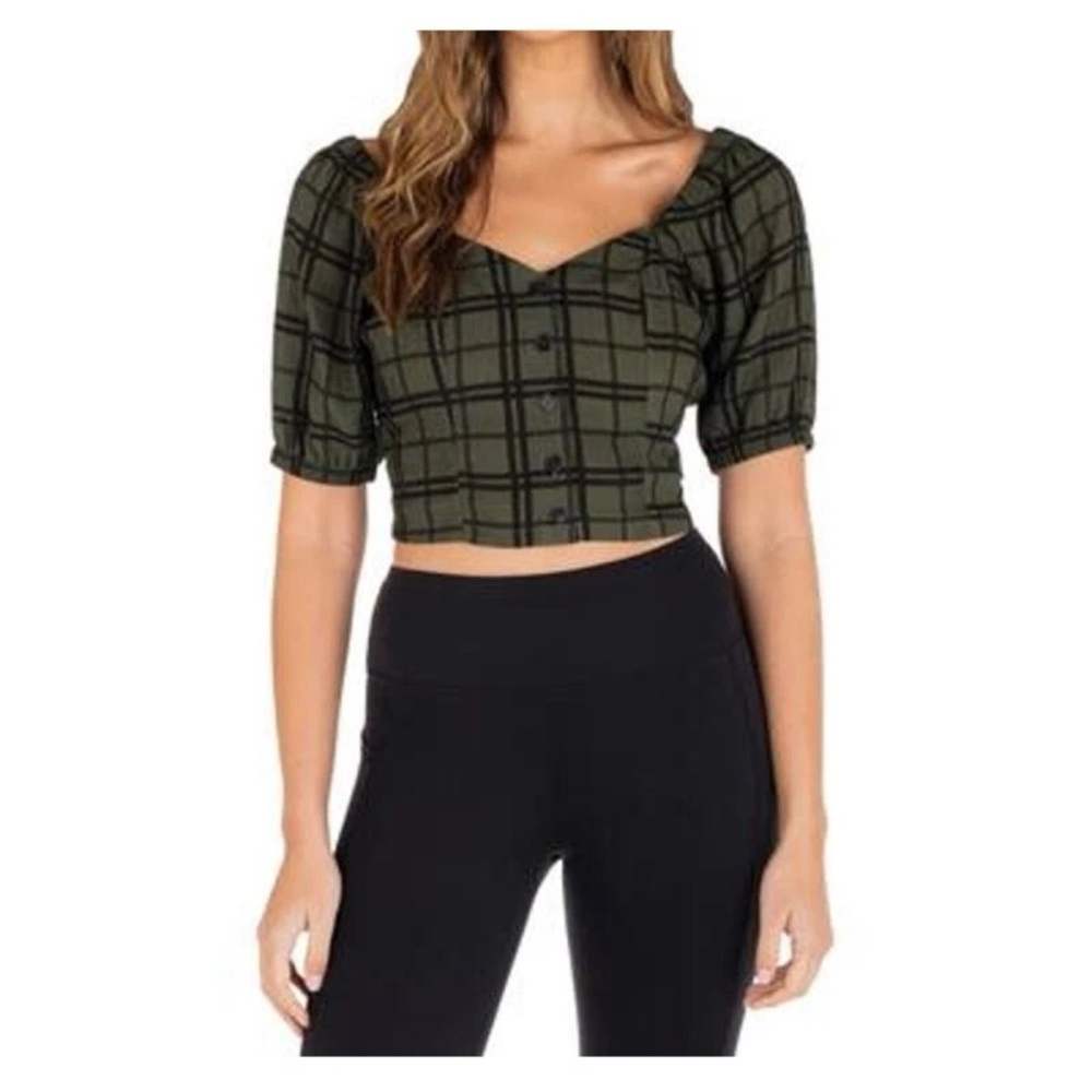 Hurley Plaid Tie-Back Crop Top - Olive S NWT